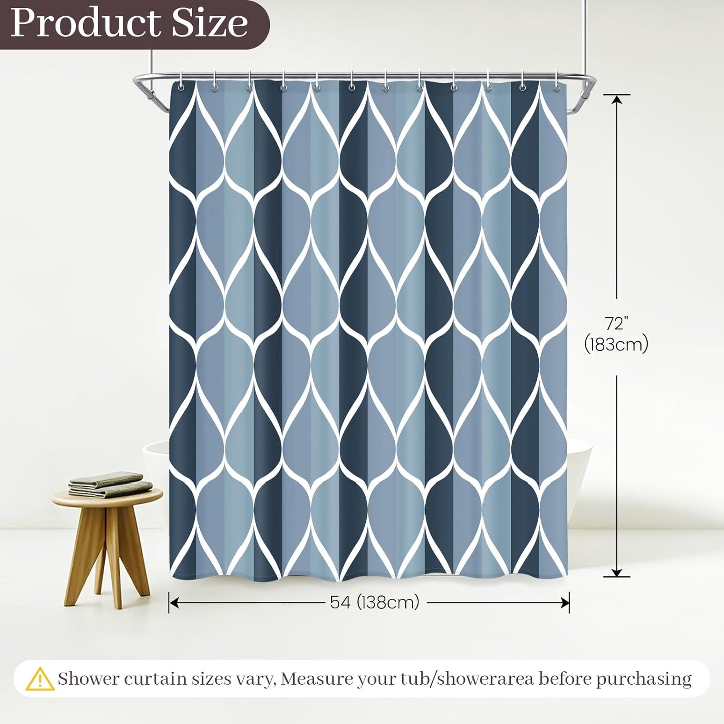 Aegean Blue Waterproof Polyester Bath Shower Curtain, 54" W x 72" H, Quick-Drying Heavyweight Design, Stall Size, Machine Washable with 8 Hooks