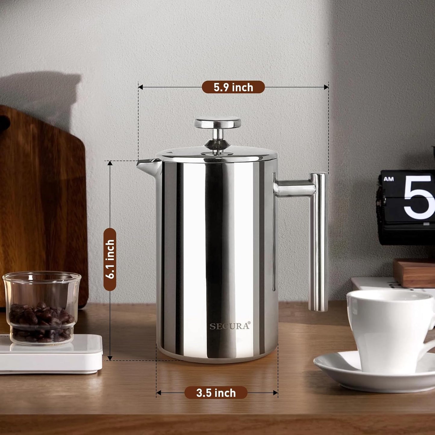 French Press Coffee Maker - 304 Stainless Steel Insulated Coffee Press with 2 Extra Screens, 12 Oz (0.35 Litre), Silver