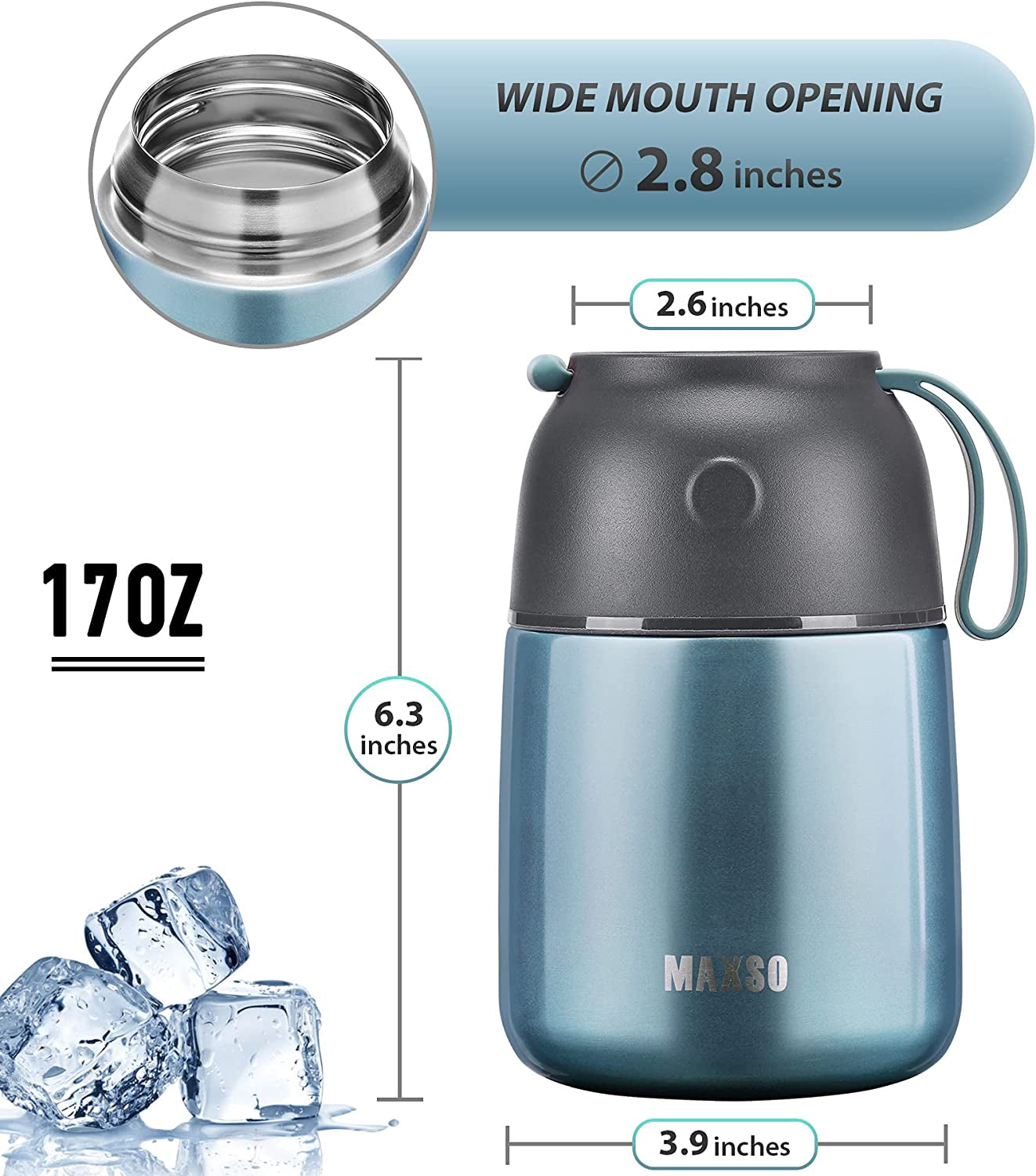 Insulated Stainless Steel Food Jar for Hot and Cold Meals, 17 oz Thermal Container with Spoon, Triple Layer Insulation, Ideal for Kids and Adults (Light Blue)