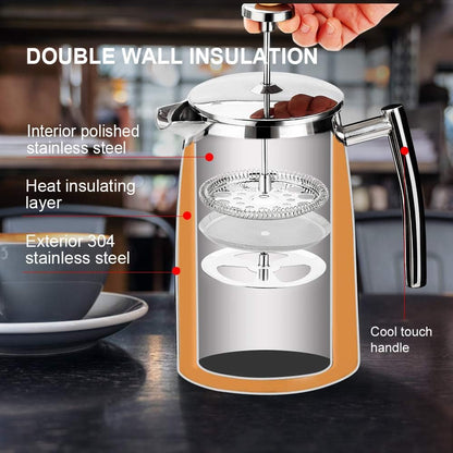 50-Ounce French Press Coffee Maker - Insulated 304 Stainless Steel with Additional Screen