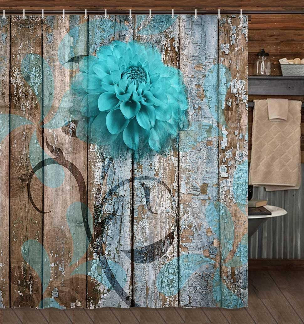 Rustic Teal Turquoise Dahlia Floral Shower Curtain Set, Country Blue Wild Garden Design, Includes Hooks, 69x70 Inches