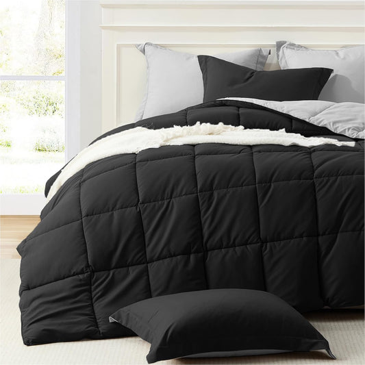 King Size Reversible Comforter Set - Lightweight Down Alternative Bedding in Black and Light Grey, 3 Piece with 2 Shams, All Season Soft Comforter for King Size Bed