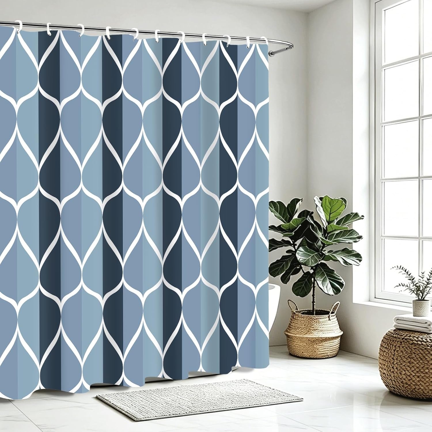 Aegean Blue Waterproof Polyester Bath Shower Curtain, 54" W x 72" H, Quick-Drying Heavyweight Design, Stall Size, Machine Washable with 8 Hooks