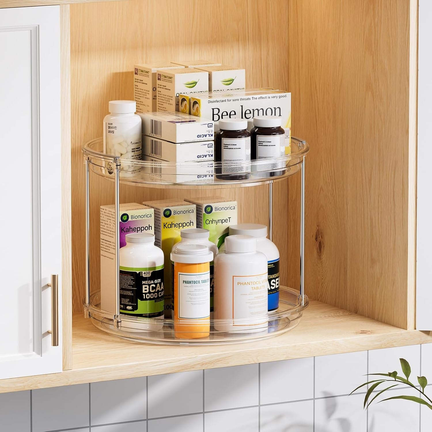2-Tier Rotating Lazy Susan Turntable Organizer - 9.25'' Clear Spice Rack for Kitchen, Pantry, Bathroom, and Vanity Storage