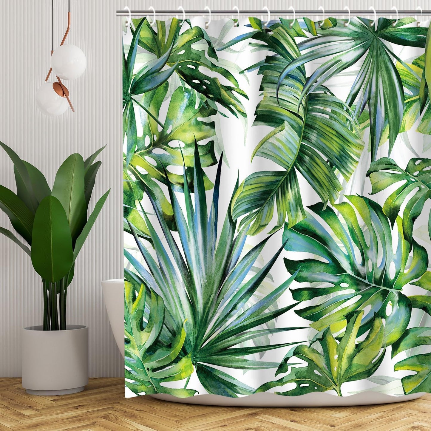 Tropical Botanical Green Leaf Shower Curtain Set with 12 Hooks for Bathroom Decor, 72" x 72