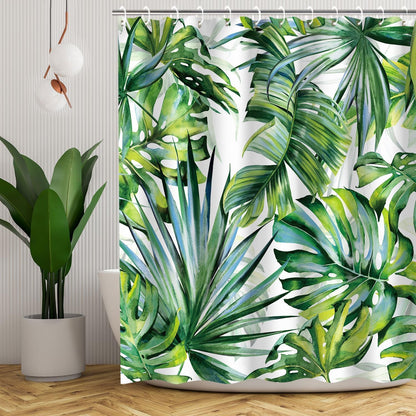 Tropical Botanical Green Leaf Shower Curtain Set with 12 Hooks for Bathroom Decor, 72" x 72