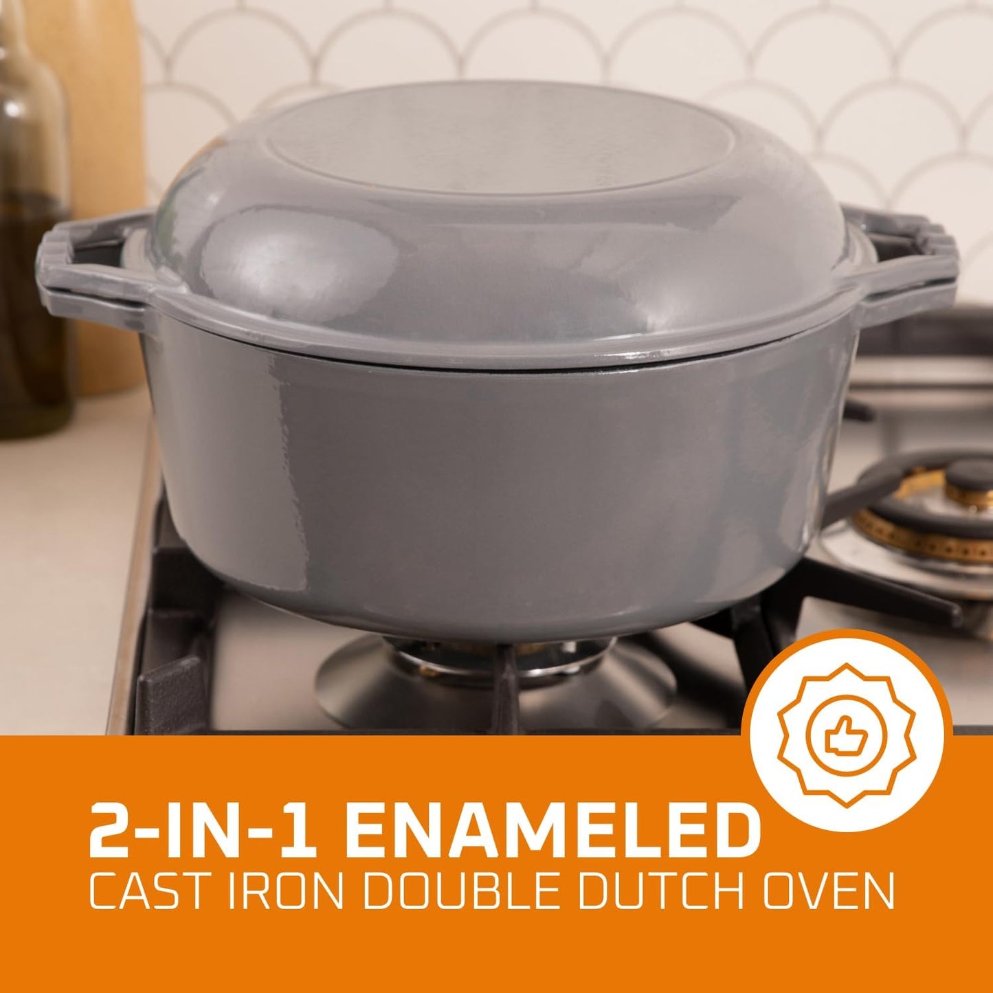 2-in-1 Enamel Cast Iron Dutch Oven with Skillet Lid - 7 Quart Grey Crock Pot and Braising Pan for Casserole Dishes