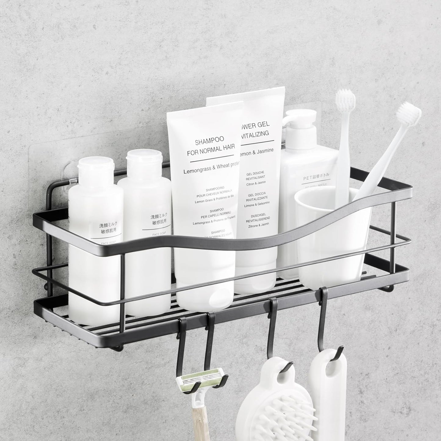 Premium Self-Adhesive Shower Caddy with 4 Hooks - Large Capacity Stainless Steel Wall Organizer - Elegant Matte Black Bathroom Decor