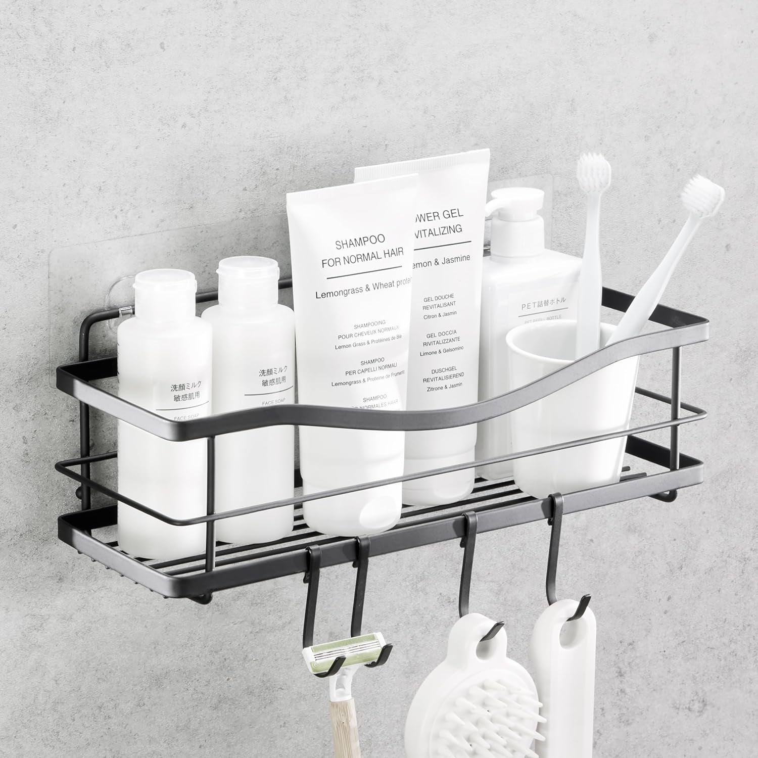 Premium Self-Adhesive Shower Caddy with 4 Hooks - Large Capacity Stainless Steel Wall Organizer - Elegant Matte Black Bathroom Decor