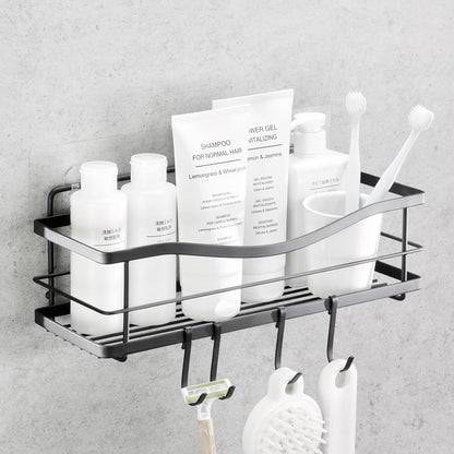 Premium Self-Adhesive Shower Caddy with 4 Hooks - Large Capacity Stainless Steel Wall Organizer - Elegant Matte Black Bathroom Decor