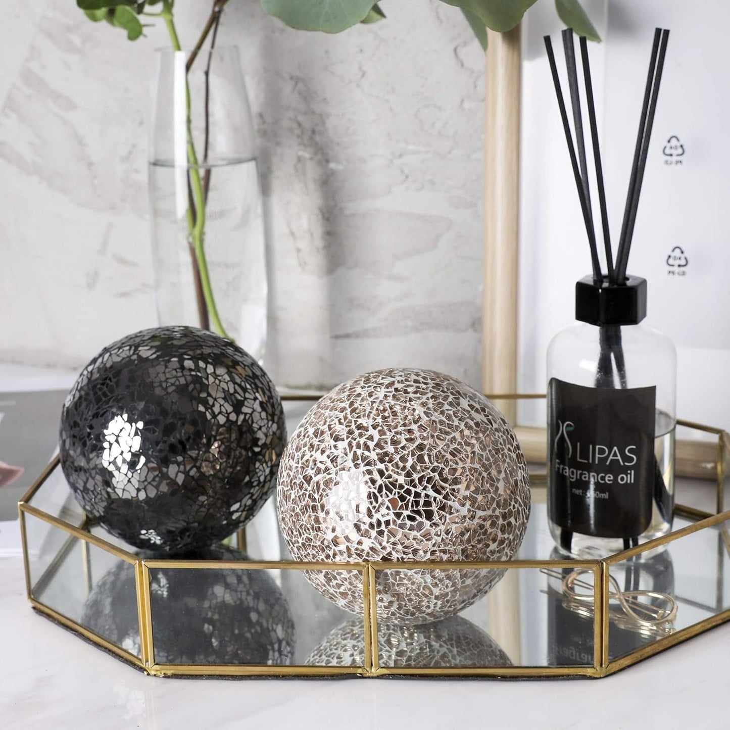 Set of 3 Rose Gold Glass Mosaic Decorative Balls - 4" Diameter Table Centerpiece for Coffee Table and Home Decor