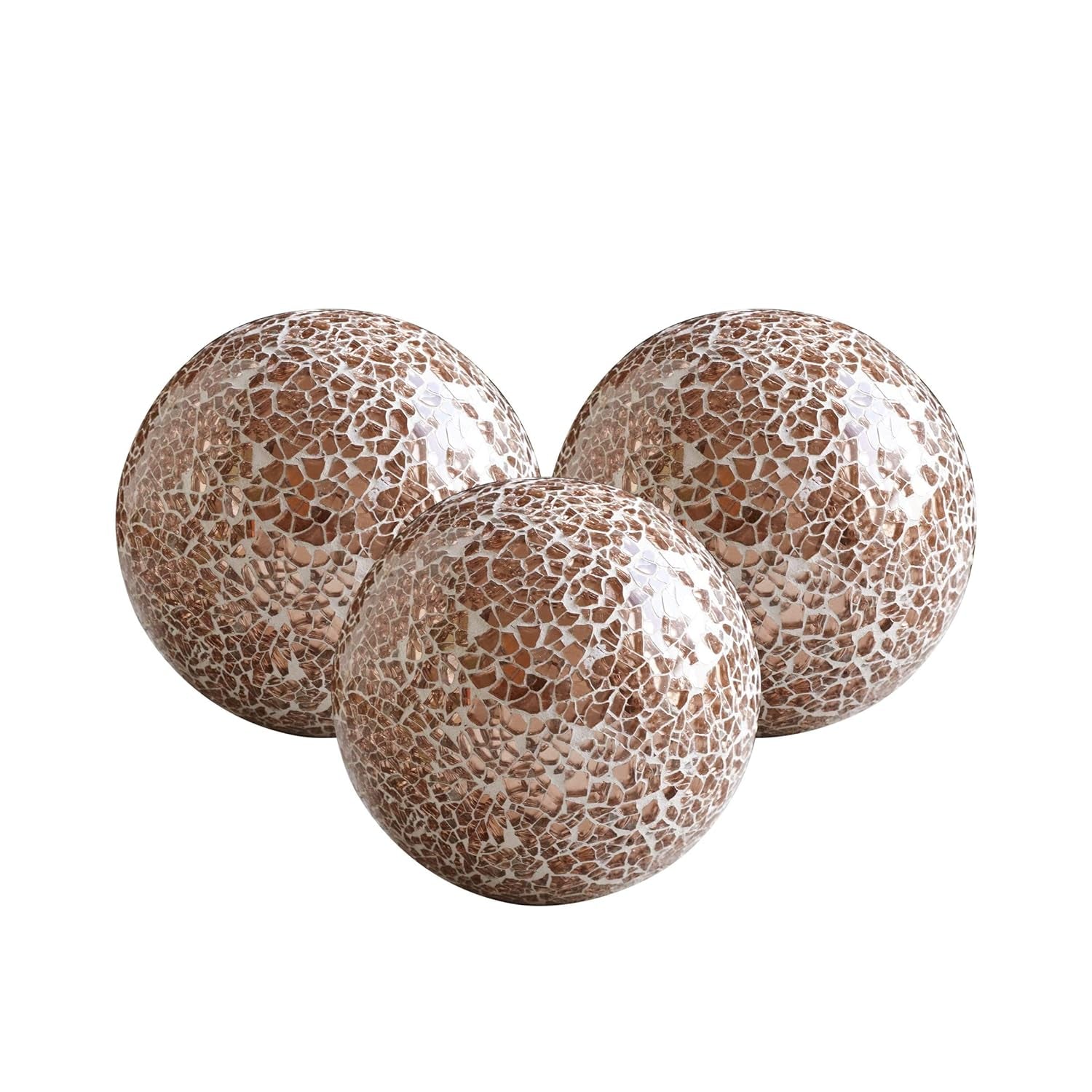 Set of 3 Rose Gold Glass Mosaic Decorative Balls - 4" Diameter Table Centerpiece for Coffee Table and Home Decor