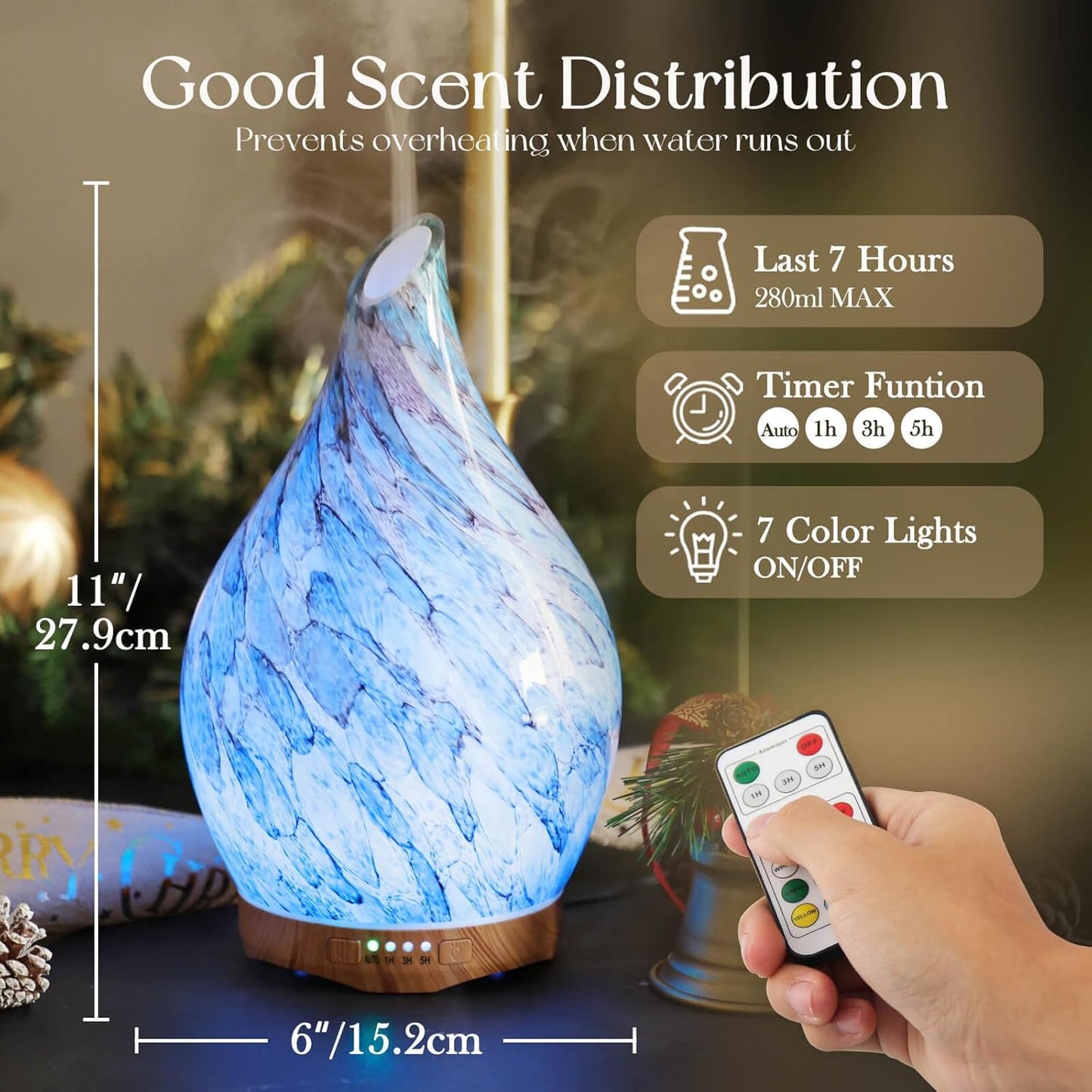280ml Essential Oil Diffuser - Color Changing Glass Aromatherapy Ultrasonic Cool Mist Humidifier with Remote Control, 7-Hour Runtime, Waterless Auto-Off (Light Blue)