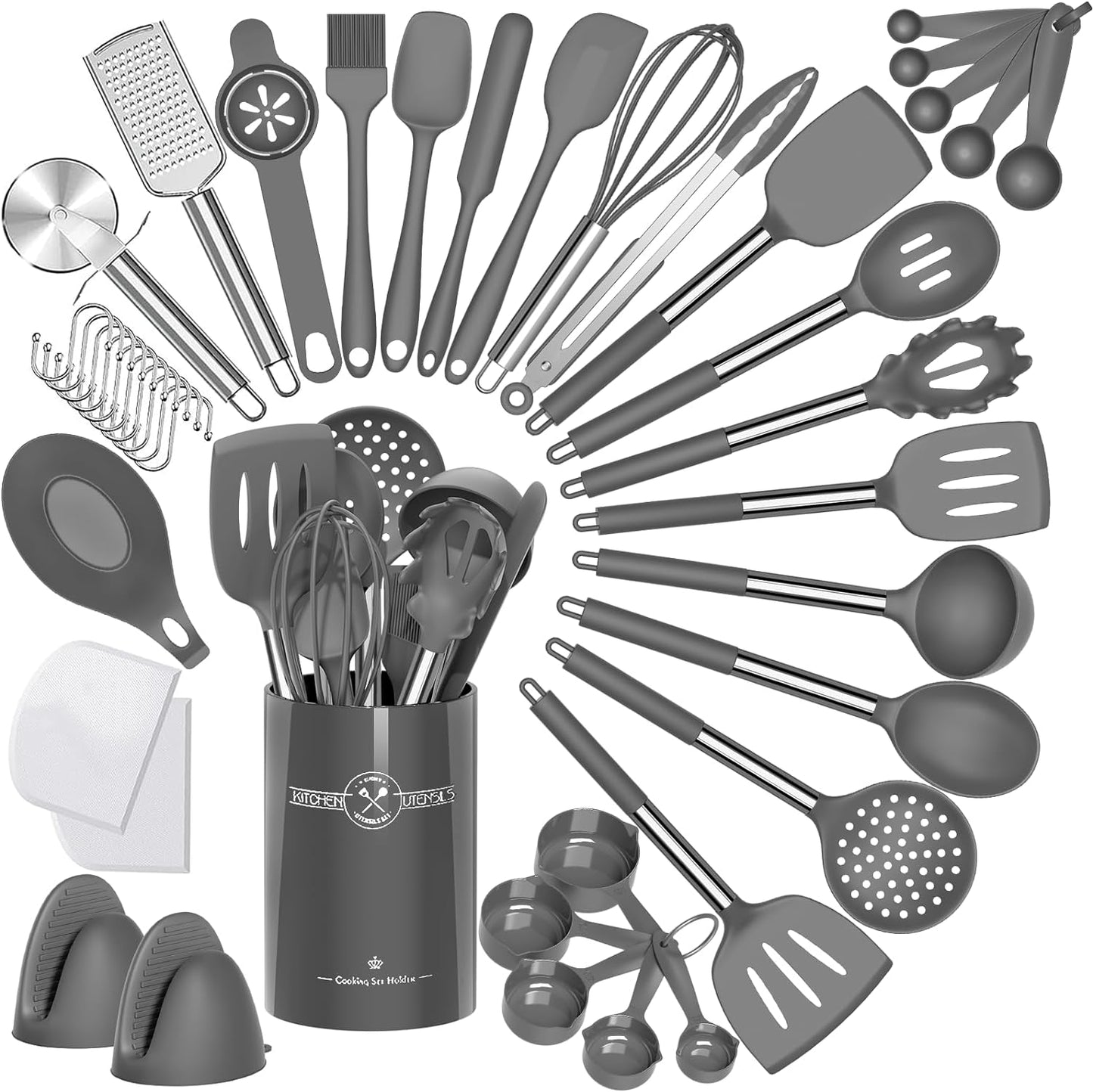 Silicone Kitchen Utensil Set, 43-Piece Non-Stick Spatula Collection with Stainless Steel Handles, Heat Resistant - Premium Cookware (Grey)