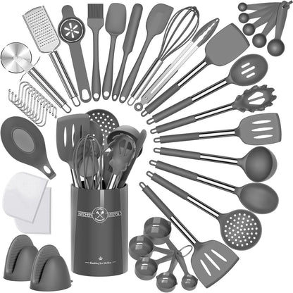 Silicone Kitchen Utensil Set, 43-Piece Non-Stick Spatula Collection with Stainless Steel Handles, Heat Resistant - Premium Cookware (Grey)