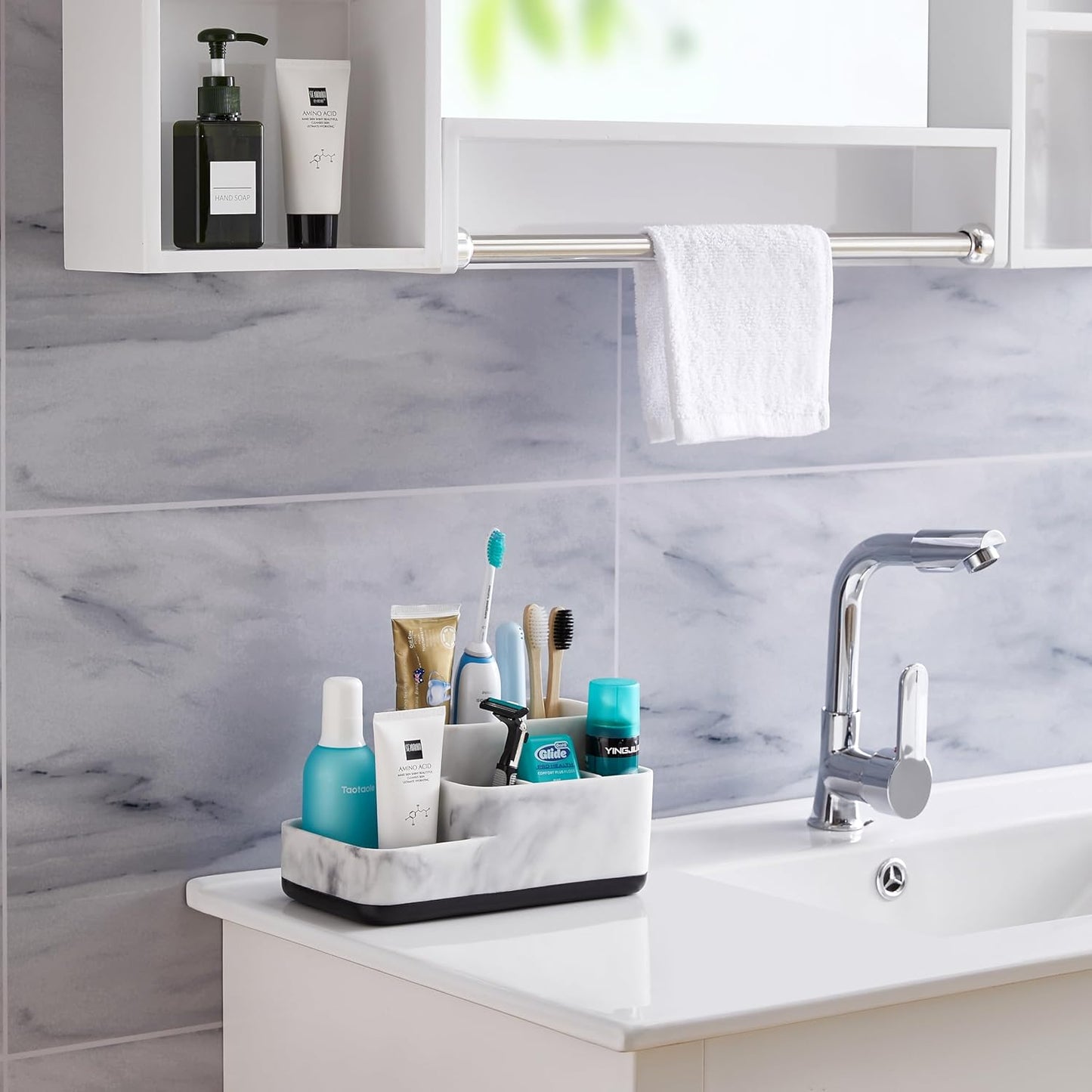 Toothbrush Holder and Multi-Functional Bathroom Organizer - Elegant White Marble Countertop Storage for Makeup, Skincare, and Accessories
