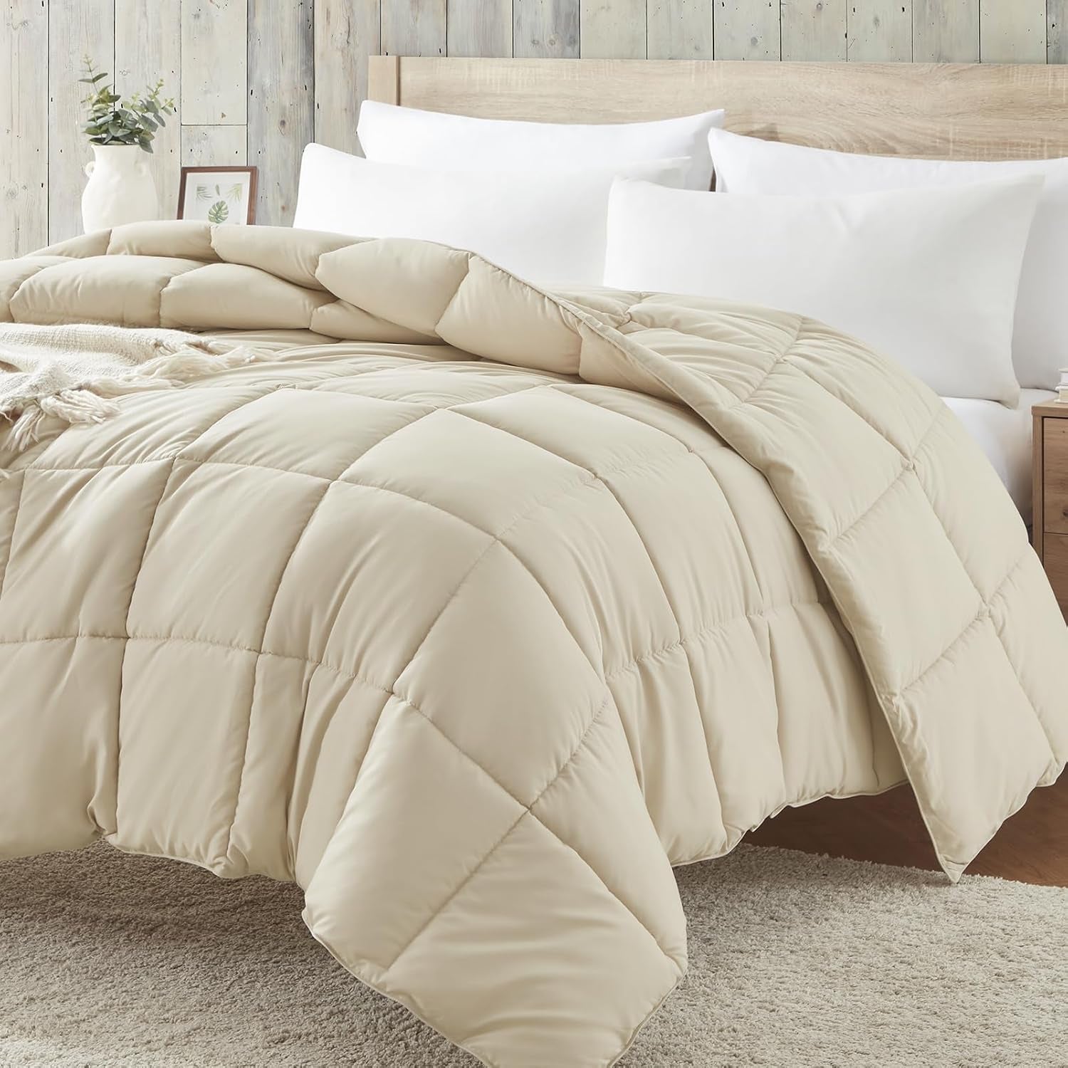 King Size Beige Down Alternative Comforter - Lightweight Quilted Bedding for All Seasons