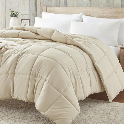 King Size Beige Down Alternative Comforter - Lightweight Quilted Bedding for All Seasons