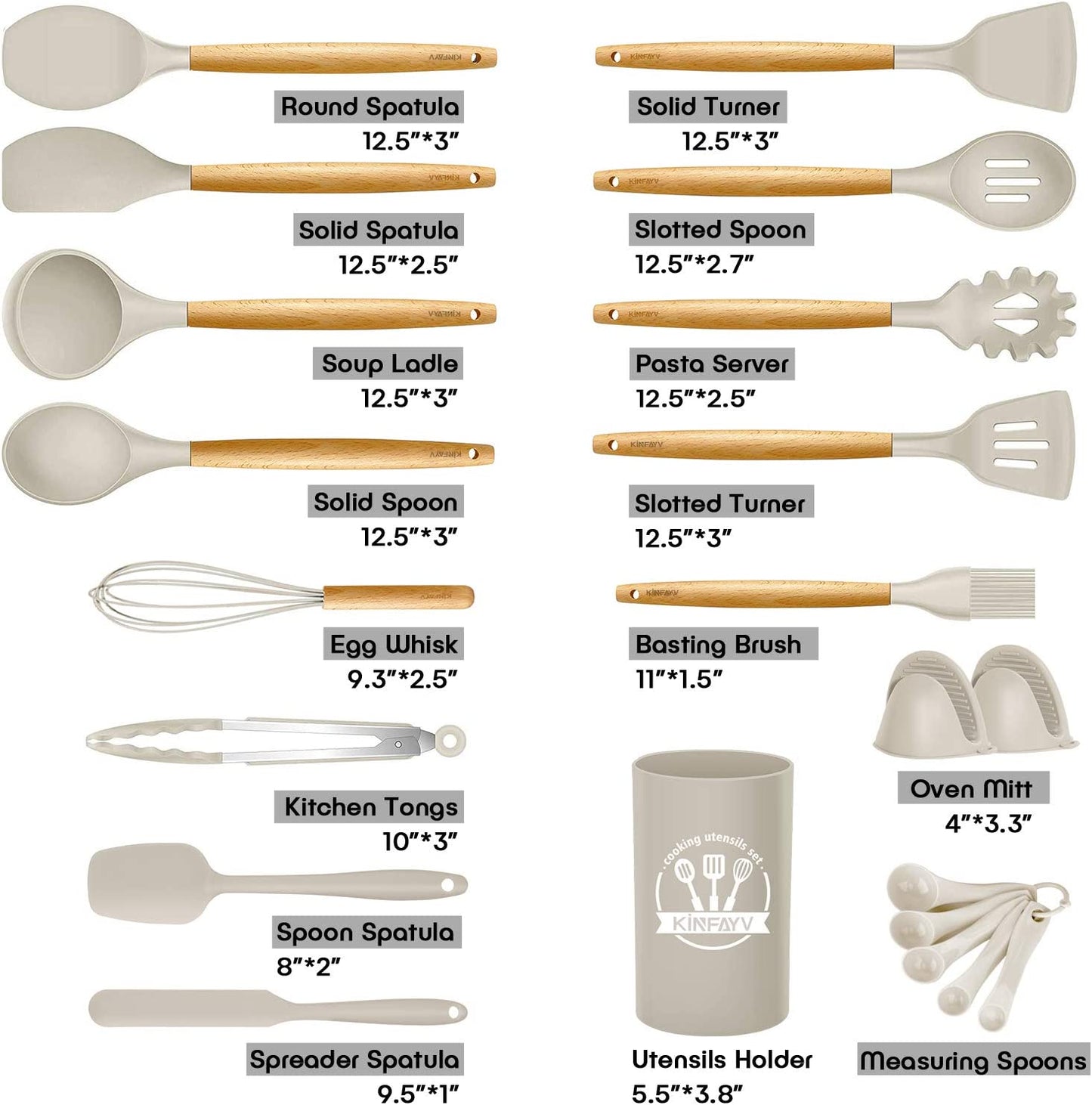 21-Piece Silicone Cooking Utensil Set with Wooden Handles - BPA-Free Non-Toxic Kitchen Tools for Nonstick Cookware, Includes Holder (Khaki)