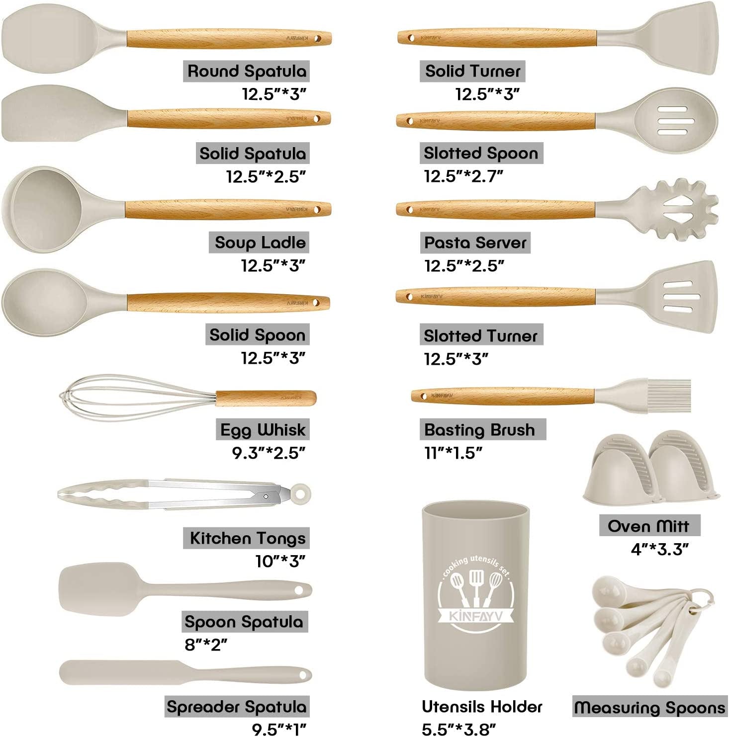 21-Piece Silicone Cooking Utensil Set with Wooden Handles - BPA-Free Non-Toxic Kitchen Tools for Nonstick Cookware, Includes Holder (Khaki)