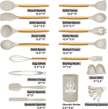 21-Piece Silicone Cooking Utensil Set with Wooden Handles - BPA-Free Non-Toxic Kitchen Tools for Nonstick Cookware, Includes Holder (Khaki)