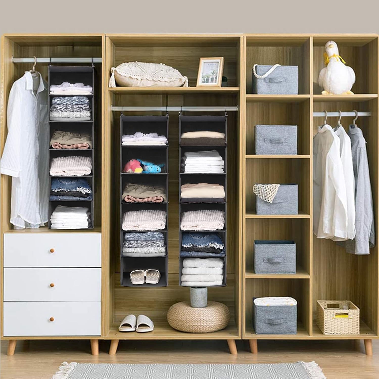 6-Tier Foldable Hanging Closet Organizer in Grey with Durable Hooks for Optimal Space Management