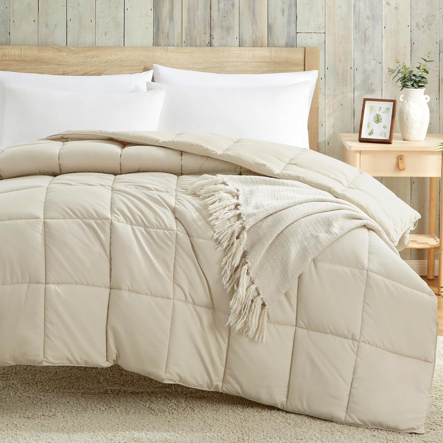 King Size Beige Down Alternative Comforter - Lightweight Quilted Bedding for All Seasons