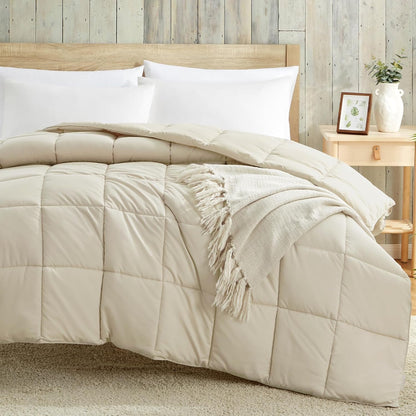 King Size Beige Down Alternative Comforter - Lightweight Quilted Bedding for All Seasons