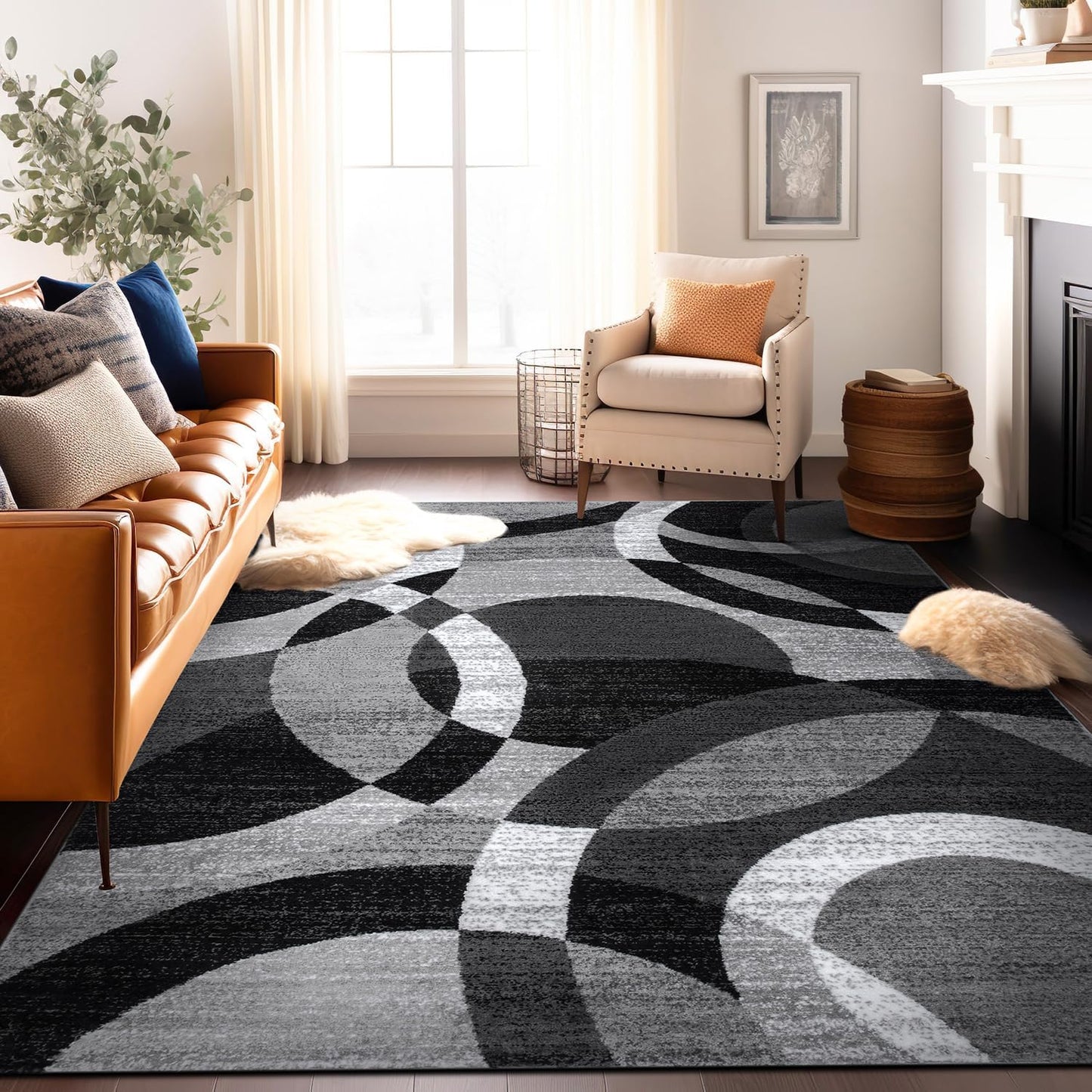 Contemporary Abstract Circles Area Rug for High Traffic Spaces - 6'6" x 9', Gray