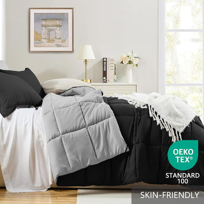 King Size Reversible Comforter Set - Lightweight Down Alternative Bedding in Black and Light Grey, 3 Piece with 2 Shams, All Season Soft Comforter for King Size Bed