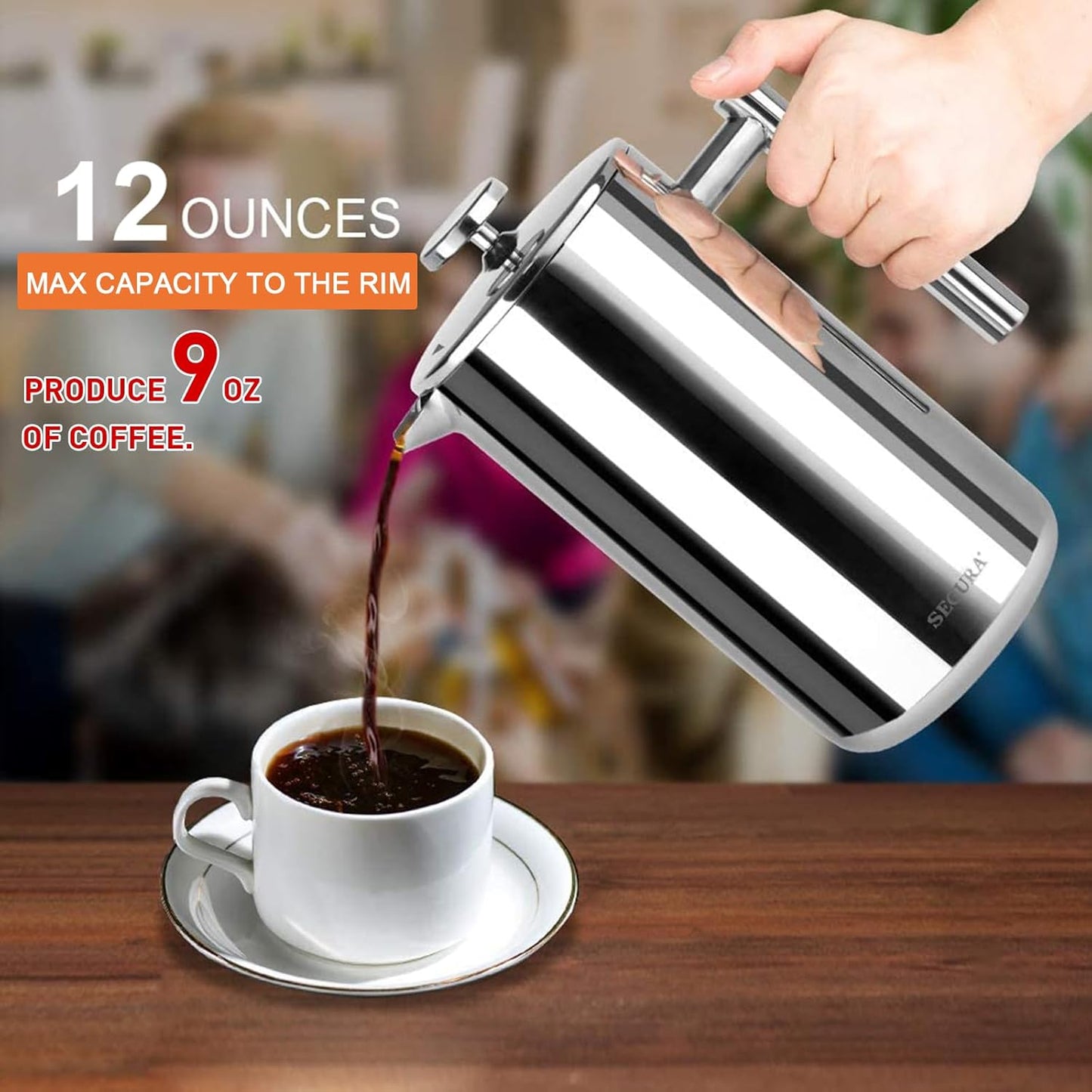 French Press Coffee Maker - 304 Stainless Steel Insulated Coffee Press with 2 Extra Screens, 12 Oz (0.35 Litre), Silver
