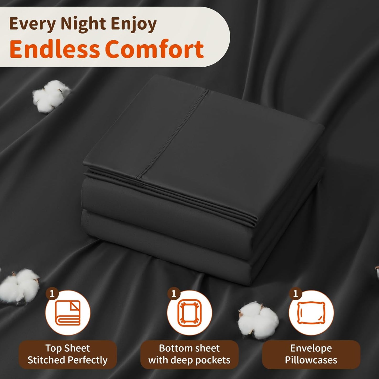 1000 Thread Count 100% Egyptian Cotton Twin Sheet Set, 3-Piece Deep Pocket Bedding Set, 16" Soft and Comfortable for All Seasons (Black)