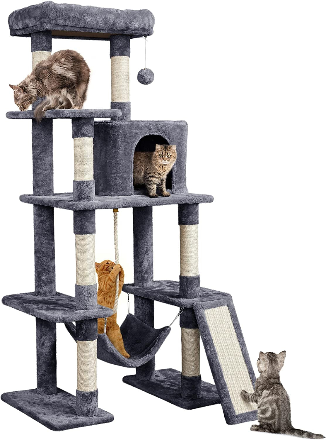 Yaheetech 63-Inch Large Cat Tree for Heavy Cats up to 22 lbs, Stable Design with Condo and Hammock, Space-Saving Solution for Indoor Multi-Pet Homes, Reduces Furniture Scratching
