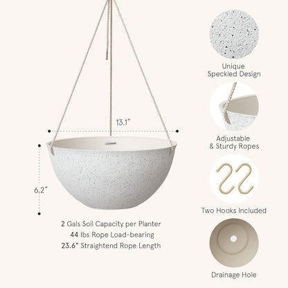 Large Outdoor Hanging Planters - Set of 2, 13-Inch Speckled White Flower Pots