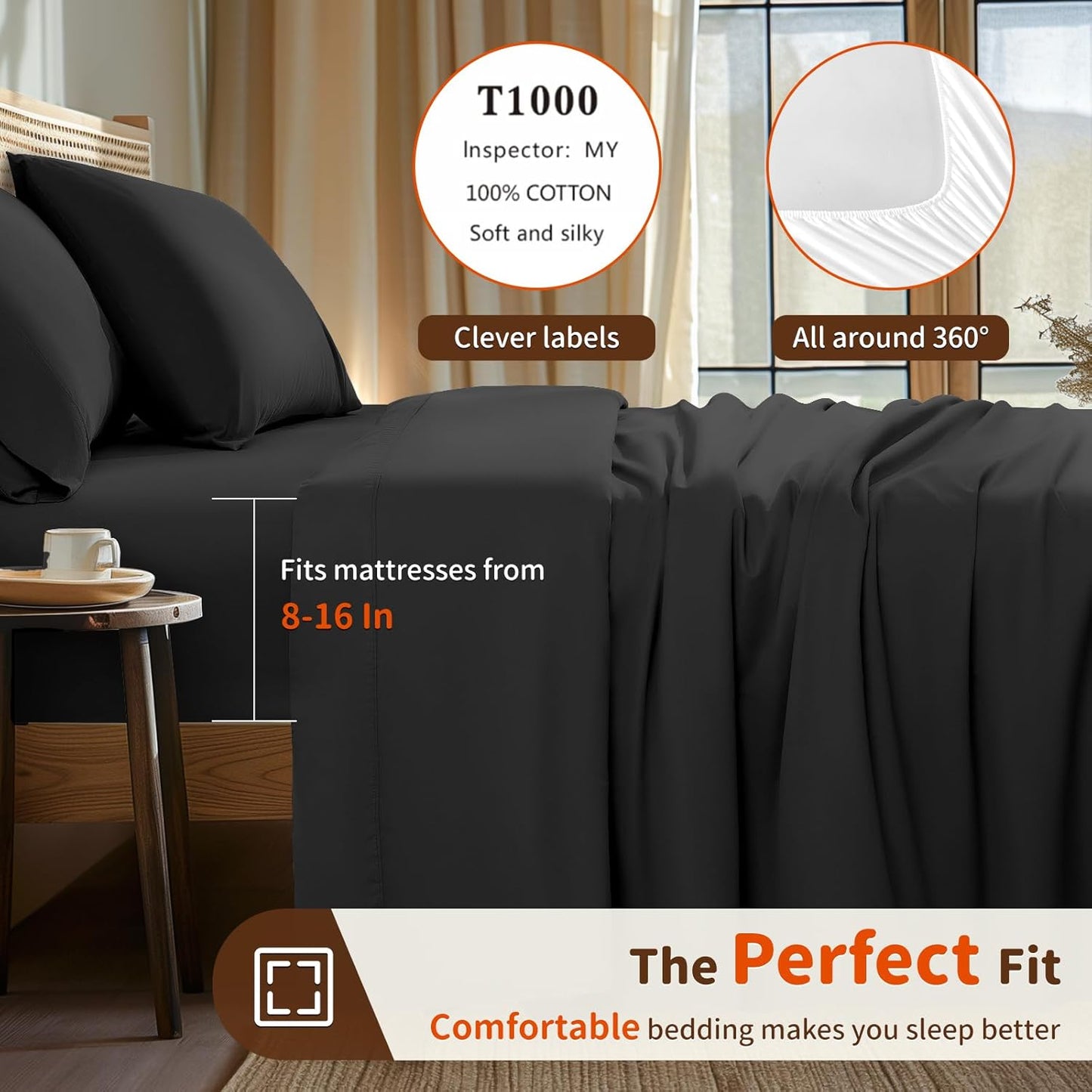 1000 Thread Count 100% Egyptian Cotton Twin Sheet Set, 3-Piece Deep Pocket Bedding Set, 16" Soft and Comfortable for All Seasons (Black)