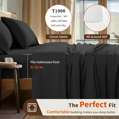 1000 Thread Count 100% Egyptian Cotton Twin Sheet Set, 3-Piece Deep Pocket Bedding Set, 16" Soft and Comfortable for All Seasons (Black)