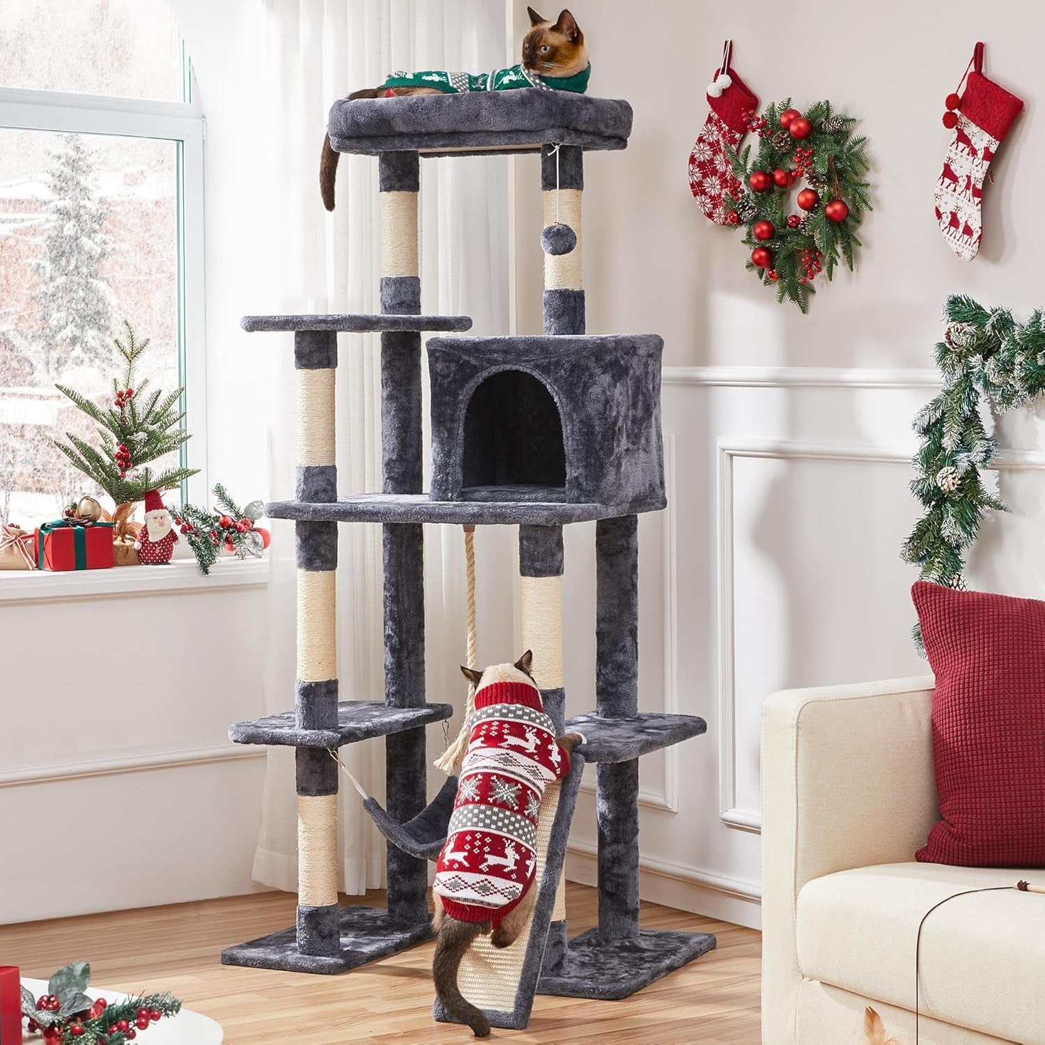 Yaheetech 63-Inch Large Cat Tree for Heavy Cats up to 22 lbs, Stable Design with Condo and Hammock, Space-Saving Solution for Indoor Multi-Pet Homes, Reduces Furniture Scratching