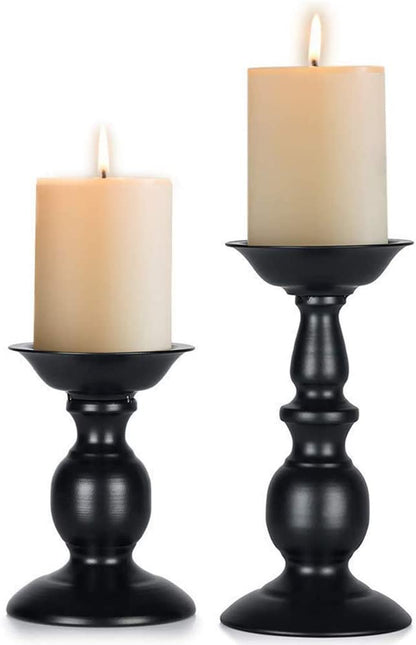 Black Metal Pillar Candle Holders Set - 2 Rustic Tall Candle Stands for Home Decor, Fireplace Centerpiece, Halloween and Easter Events