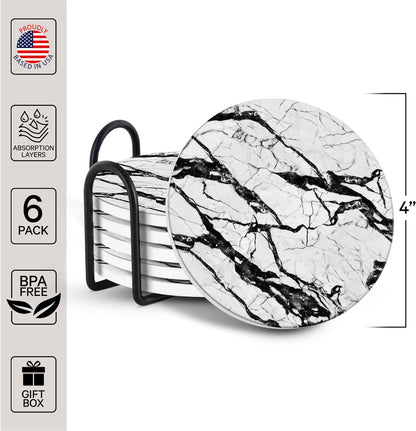 Emerson Marble Coaster Set of 6 with Holder – Absorbent Non-Slip Ceramic Coasters for Coffee Tables – Durable Design (Boulder)
