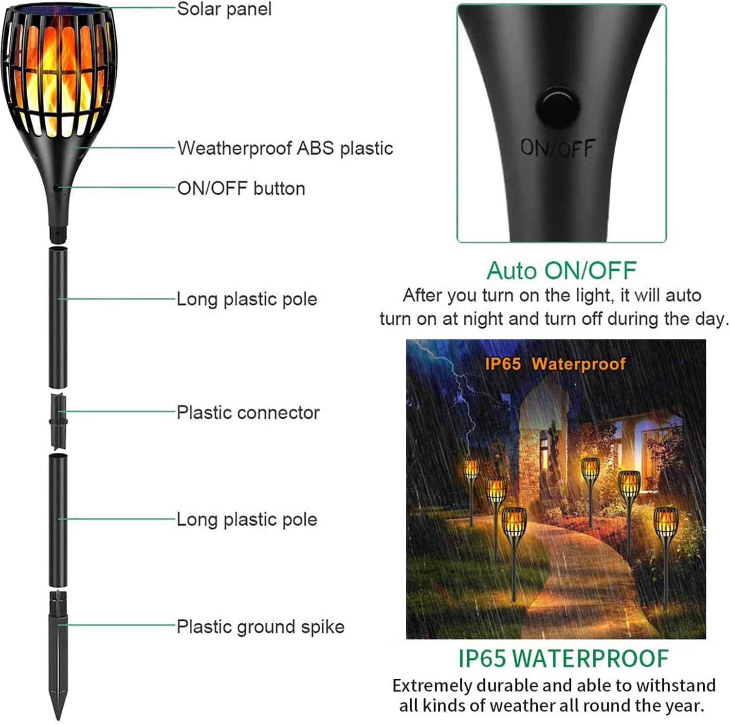 Outdoor Solar Torch Lights, 43" Flickering Flame Design, Waterproof Landscape Lighting with Dusk to Dawn Auto On/Off Feature, Ideal for Yards, Patios, and Driveways, Set of 4