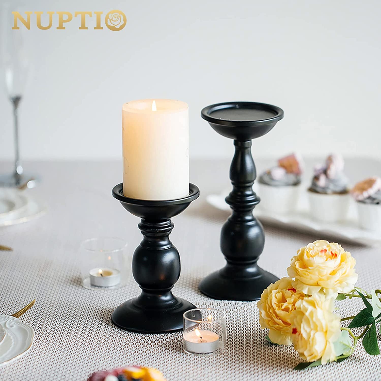 Black Metal Pillar Candle Holders Set - 2 Rustic Tall Candle Stands for Home Decor, Fireplace Centerpiece, Halloween and Easter Events