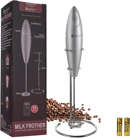 Handheld Electric Milk Frother and Whisk - Battery Operated Foam Maker for Cappuccino, Latte, Coffee, Matcha, and More - Silver