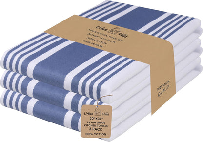 100% Cotton Kitchen Towels Set (3-Pack) - Highly Absorbent Dish Cloths (20”x30”) with Hanging Loop for Efficient Drying and Cleaning - Blue and White Design