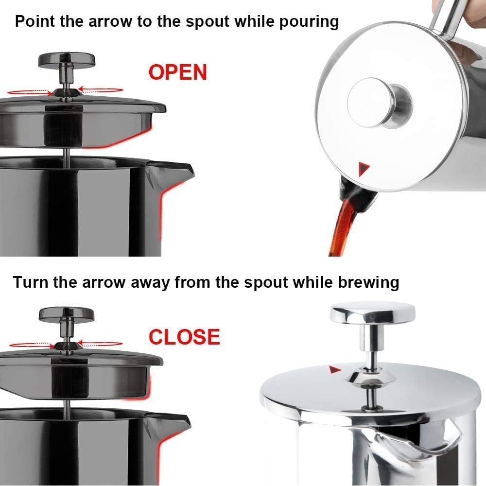 French Press Coffee Maker - 304 Stainless Steel Insulated Coffee Press with 2 Extra Screens, 12 Oz (0.35 Litre), Silver
