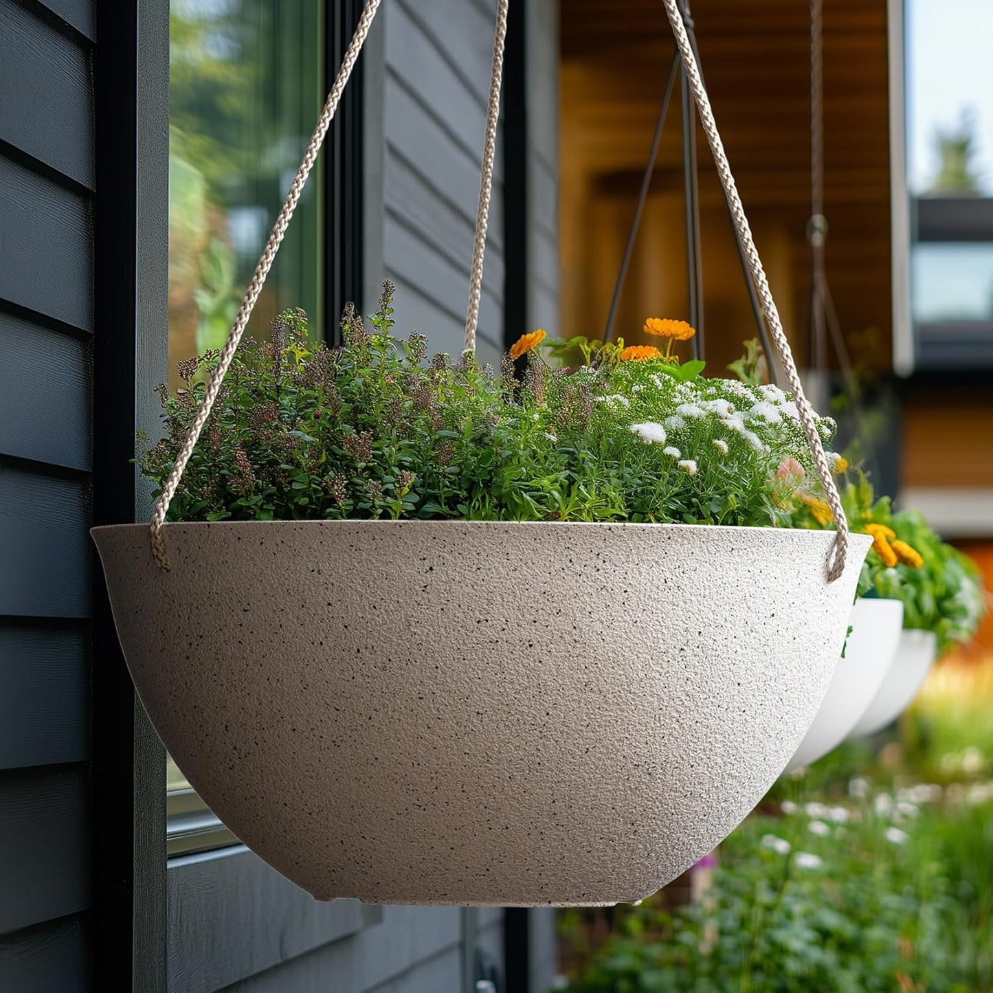 Large Outdoor Hanging Planters - Set of 2, 13-Inch Speckled White Flower Pots