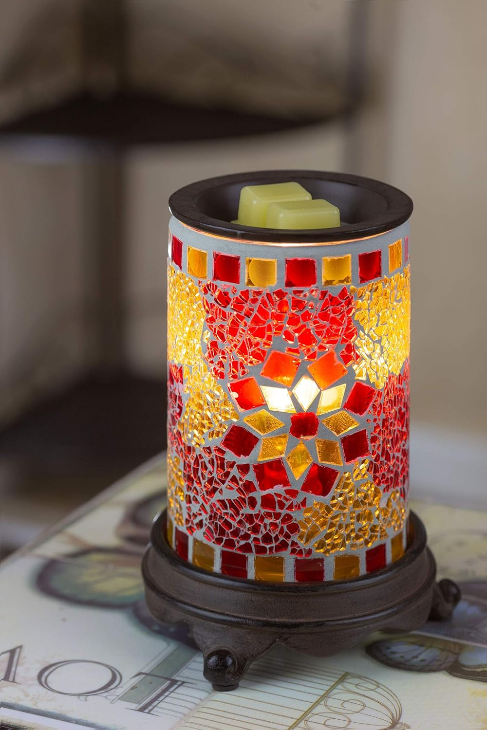 Wall Plug-In Mosaic Glass Wax Warmer in Ruby and Gold for Scented Wax, Essential Oils, and Candle Melts with Night Light Function