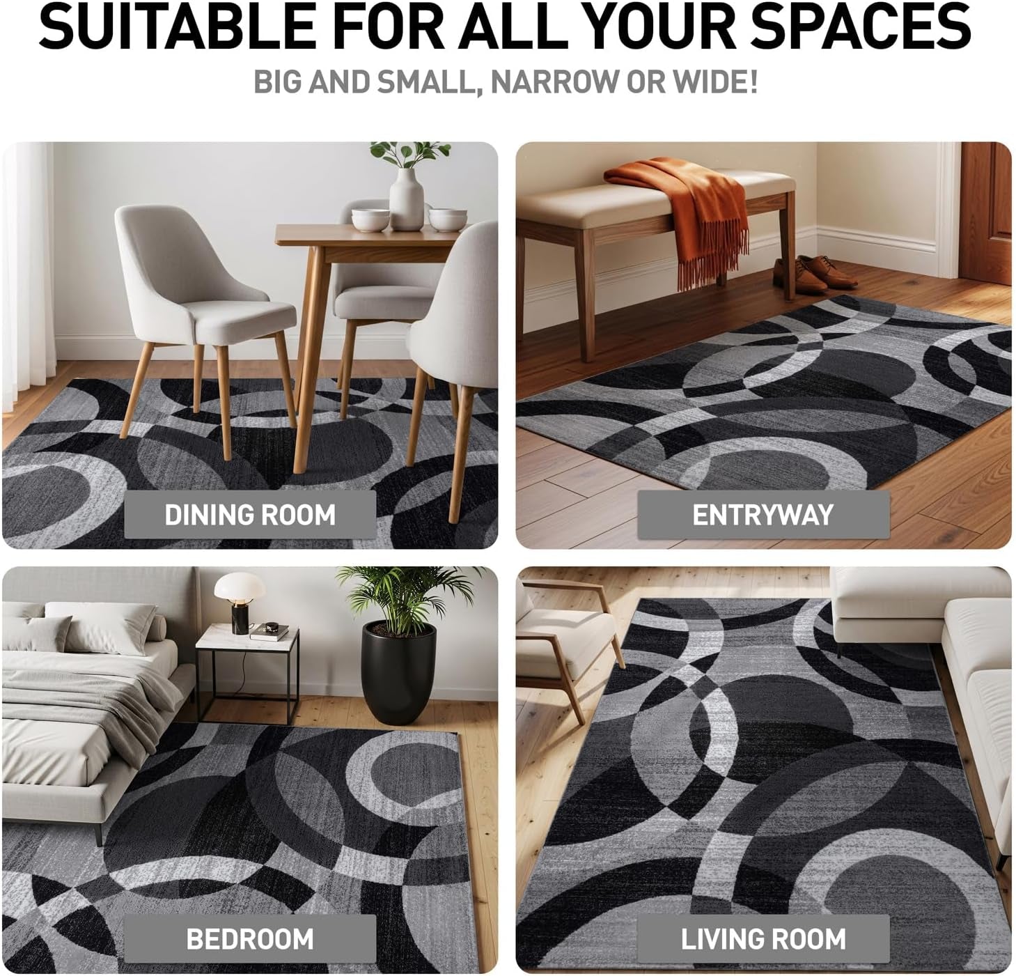 Contemporary Abstract Circles Area Rug for High Traffic Spaces - 6'6" x 9', Gray