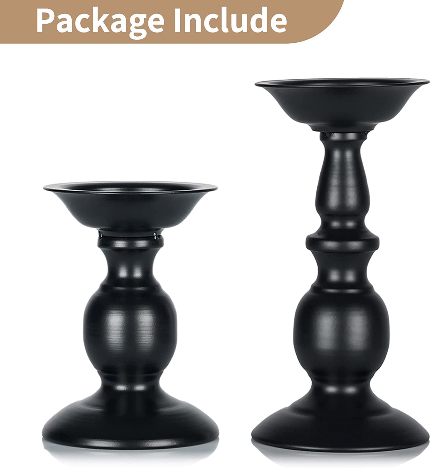 Black Metal Pillar Candle Holders Set - 2 Rustic Tall Candle Stands for Home Decor, Fireplace Centerpiece, Halloween and Easter Events