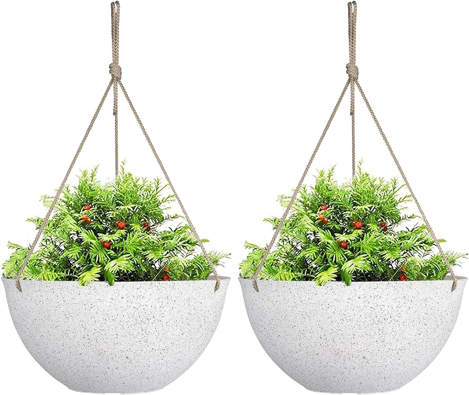 Large Outdoor Hanging Planters - Set of 2, 13-Inch Speckled White Flower Pots