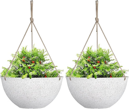 Large Outdoor Hanging Planters - Set of 2, 13-Inch Speckled White Flower Pots